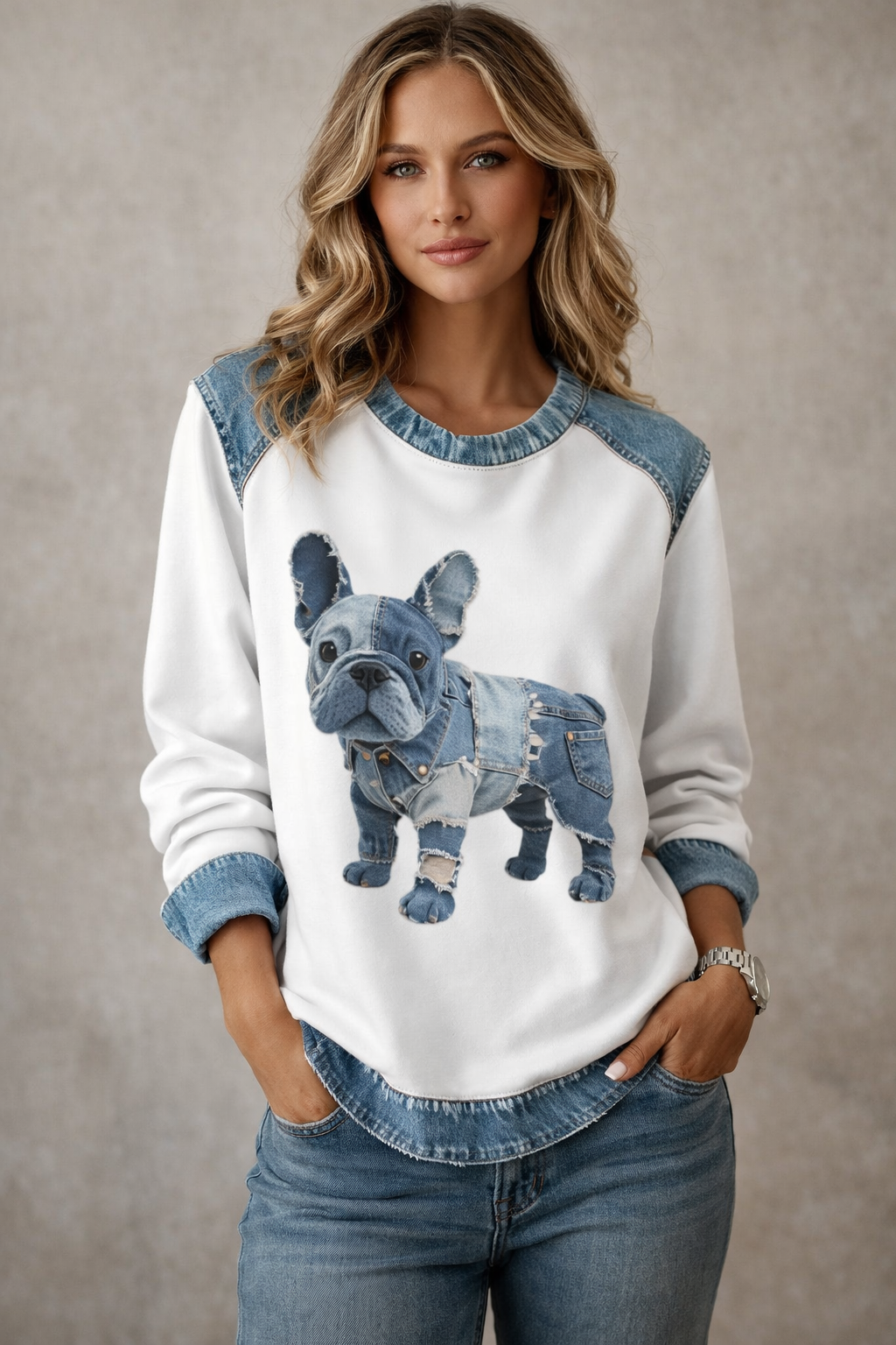 Ainara -Sudadera de mujer con patchwork de denim al estilo bulldog francés
