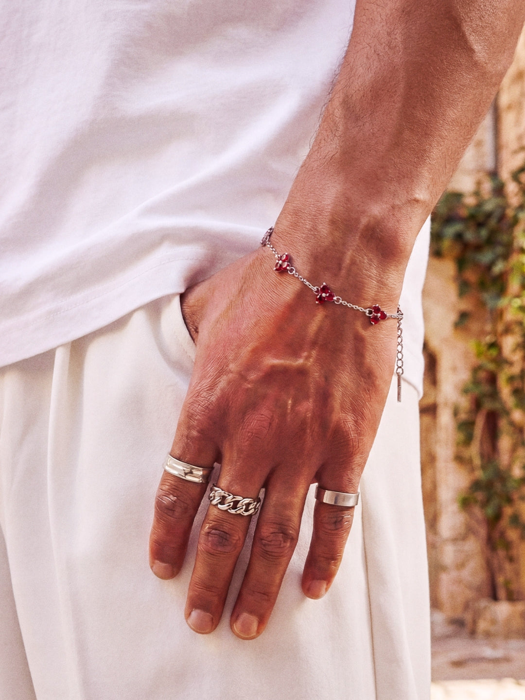 PULSERA DE TRÉBOL ROJO | Plata