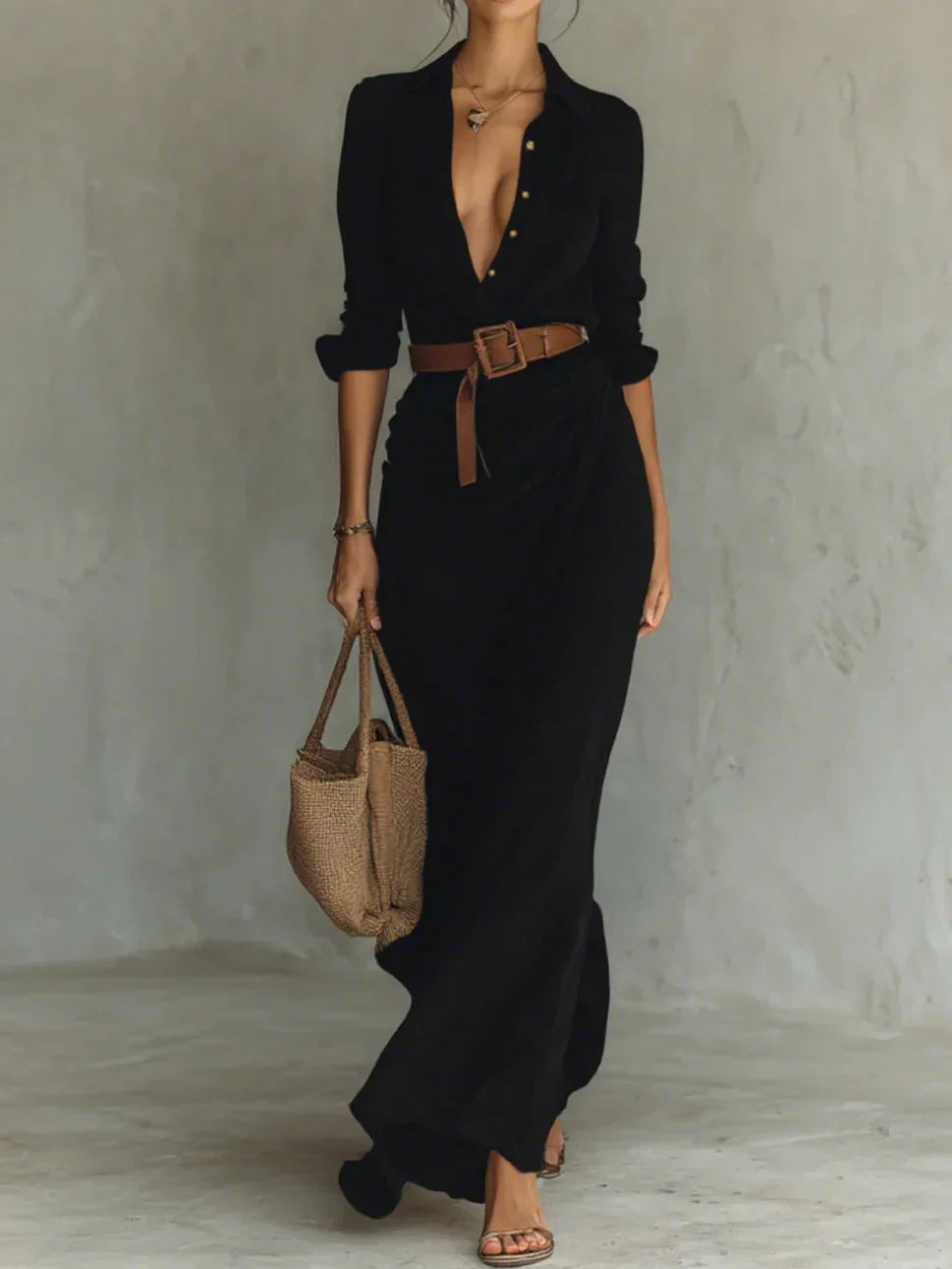 Camille™ | Vestido maxi con solapa y cinturón en la cintura