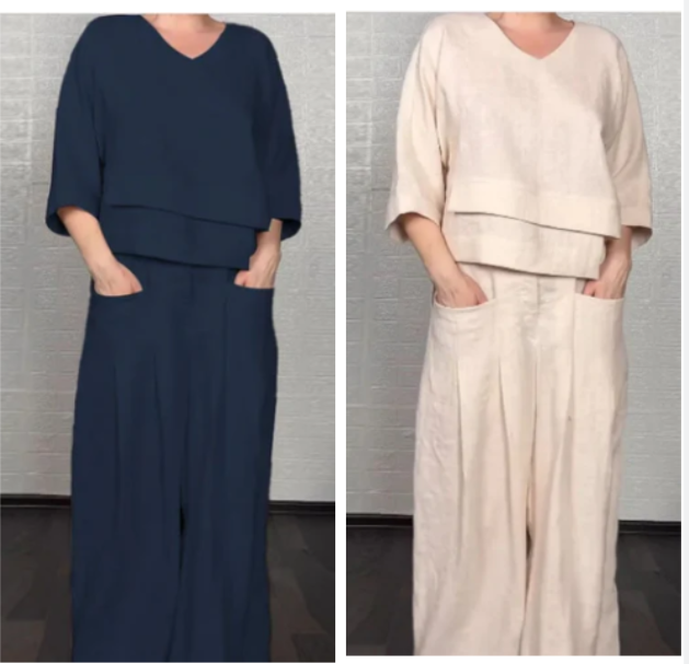 Conjunto Abril de Dos Piezas en Algodón y Lino — Top con Escote en V y Bajo Irregular · Pantalón Ancho Transpirable Verano
