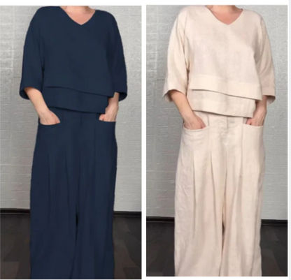 Conjunto Abril de Dos Piezas en Algodón y Lino — Top con Escote en V y Bajo Irregular · Pantalón Ancho Transpirable Verano