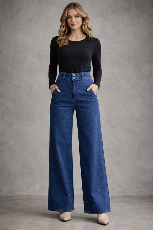 Jeans Mujer Cintura Alta Pierna Ancha