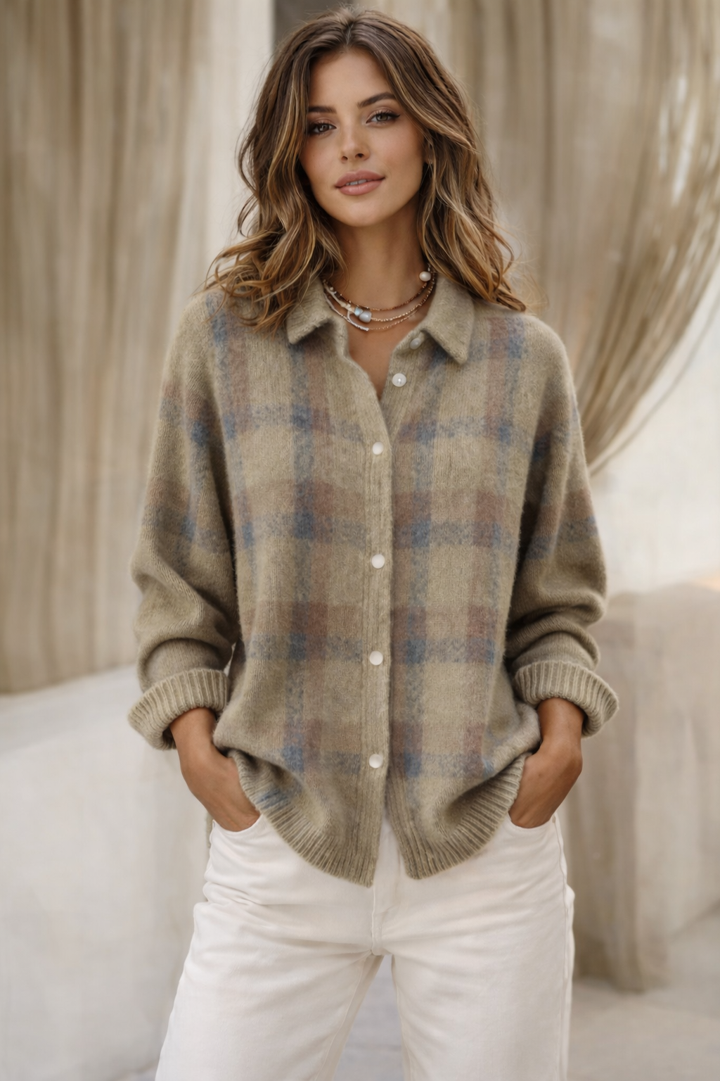 Elisa – Blusa de punto con estampado de cuadros verde