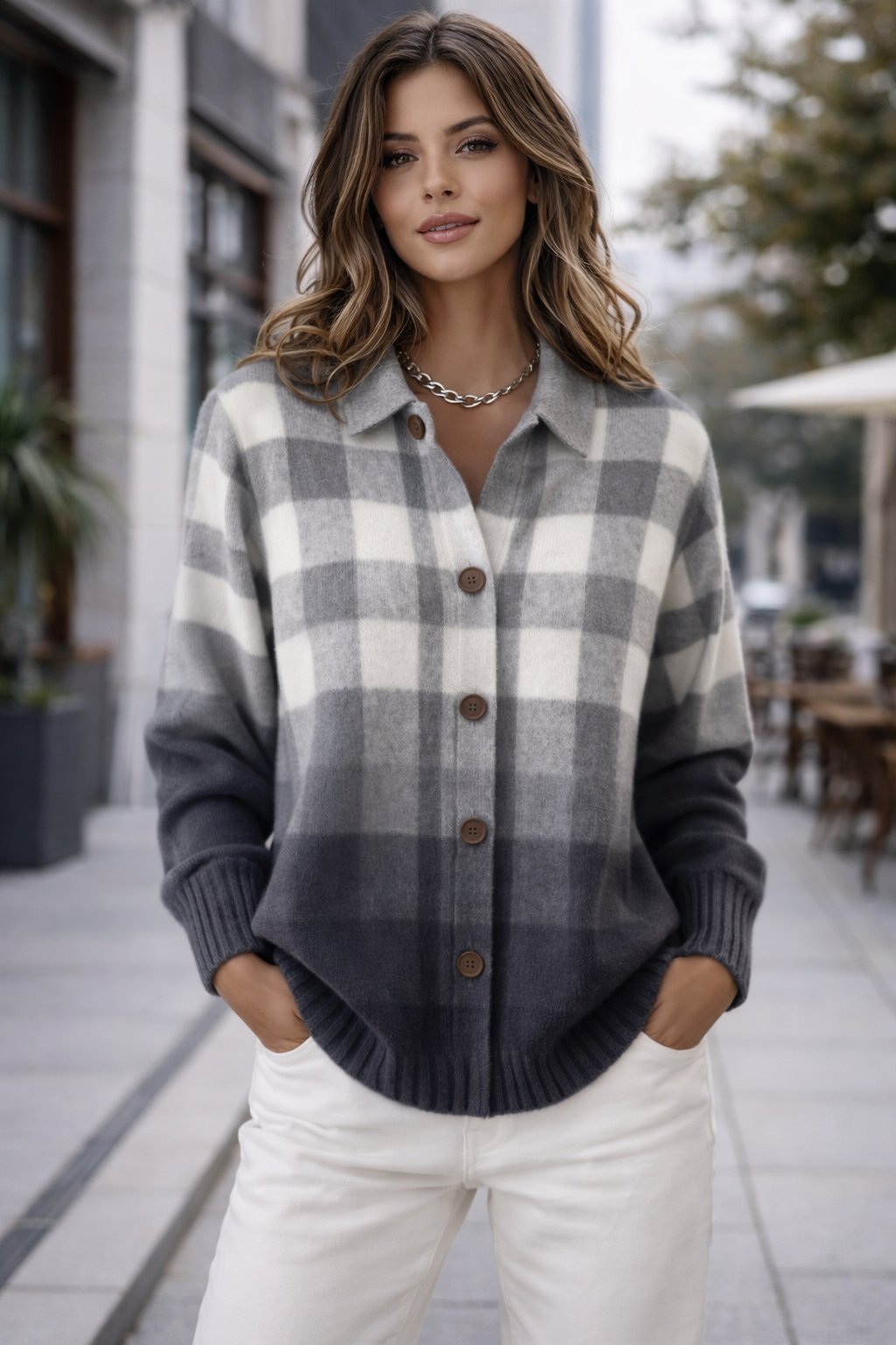 María – Blusa de punto con estampado de cuadros gris/azul