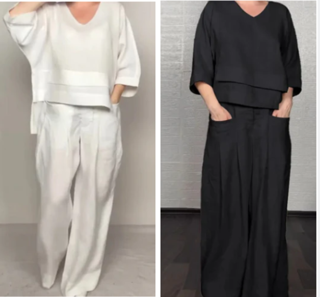 Conjunto Abril de Dos Piezas en Algodón y Lino — Top con Escote en V y Bajo Irregular · Pantalón Ancho Transpirable Verano