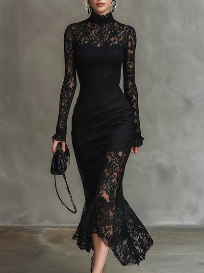 Elwira | Elegante Vestido Maxi Negro con Encaje