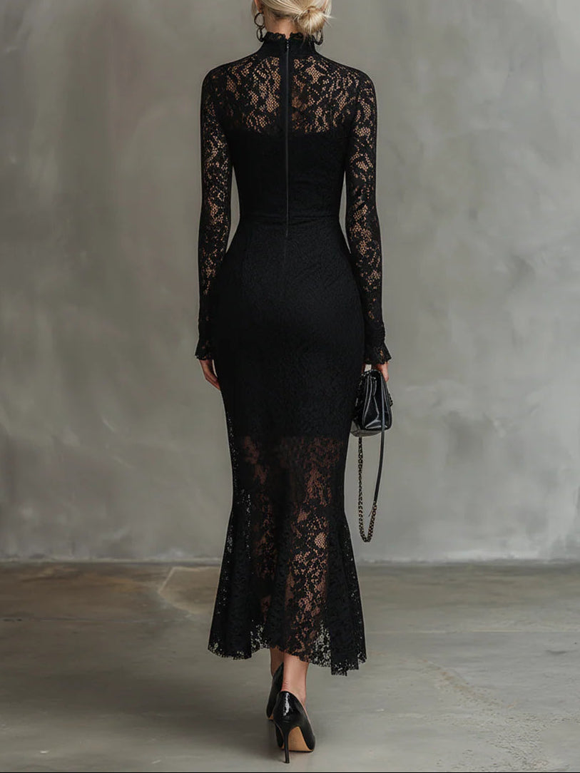 Elwira | Elegante Vestido Maxi Negro con Encaje