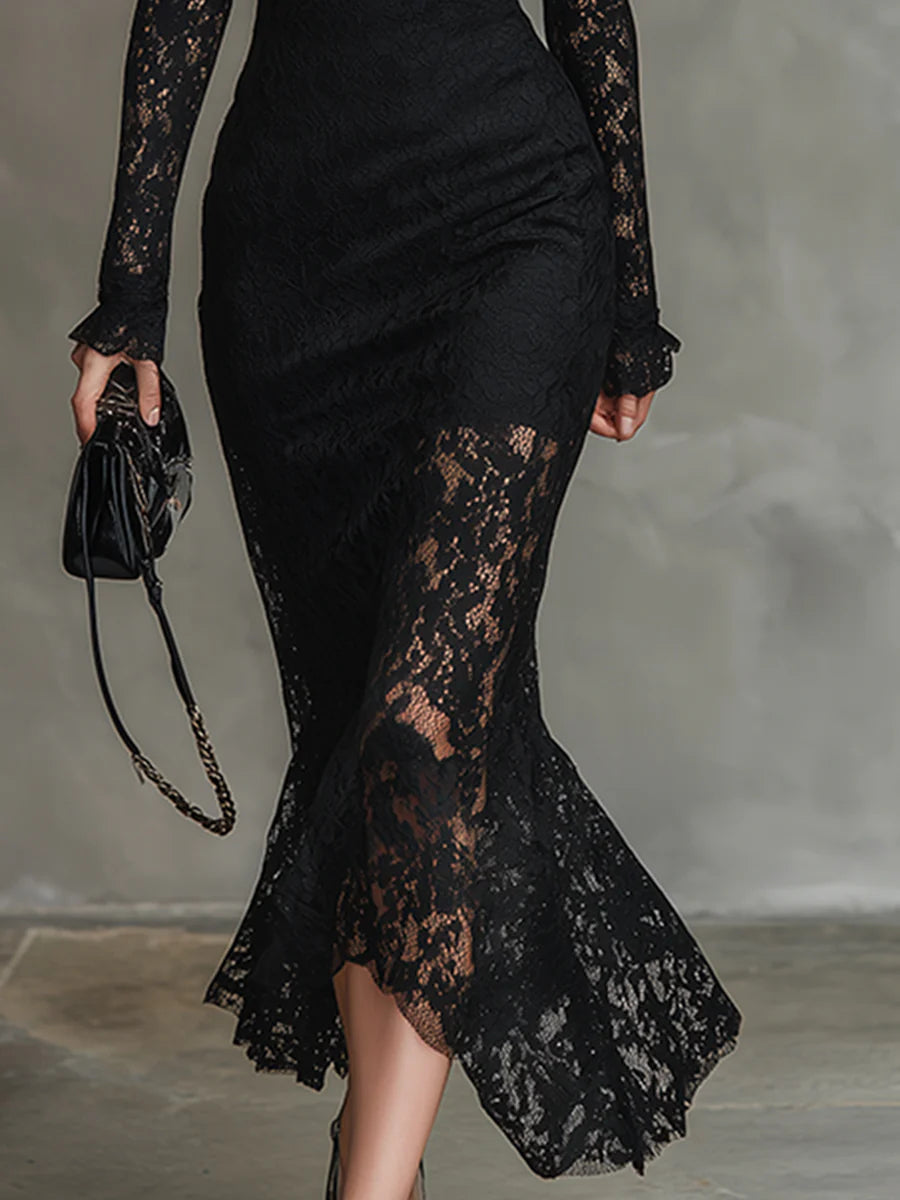 Elwira | Elegante Vestido Maxi Negro con Encaje