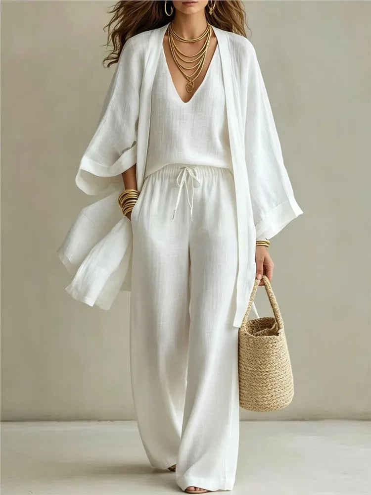 Conjunto de Tres Piezas para Mujer, Verano 2026, Color Puro, Casual, Algodón y Lino, Cárdigan Abierto de Manga Tres Cuartos, Chaleco sin Mangas y Pantalones Largos