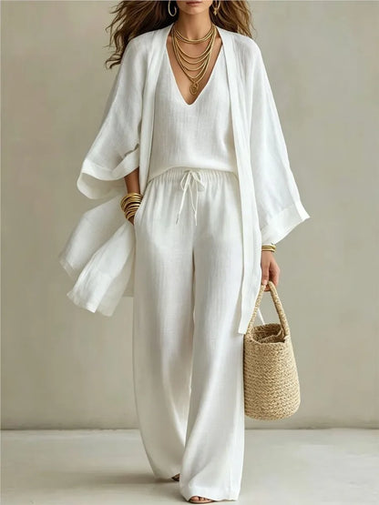 Conjunto de Tres Piezas para Mujer, Verano 2026, Color Puro, Casual, Algodón y Lino, Cárdigan Abierto de Manga Tres Cuartos, Chaleco sin Mangas y Pantalones Largos