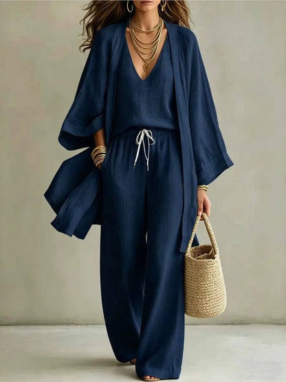 Conjunto de Tres Piezas para Mujer, Verano 2026, Color Puro, Casual, Algodón y Lino, Cárdigan Abierto de Manga Tres Cuartos, Chaleco sin Mangas y Pantalones Largos