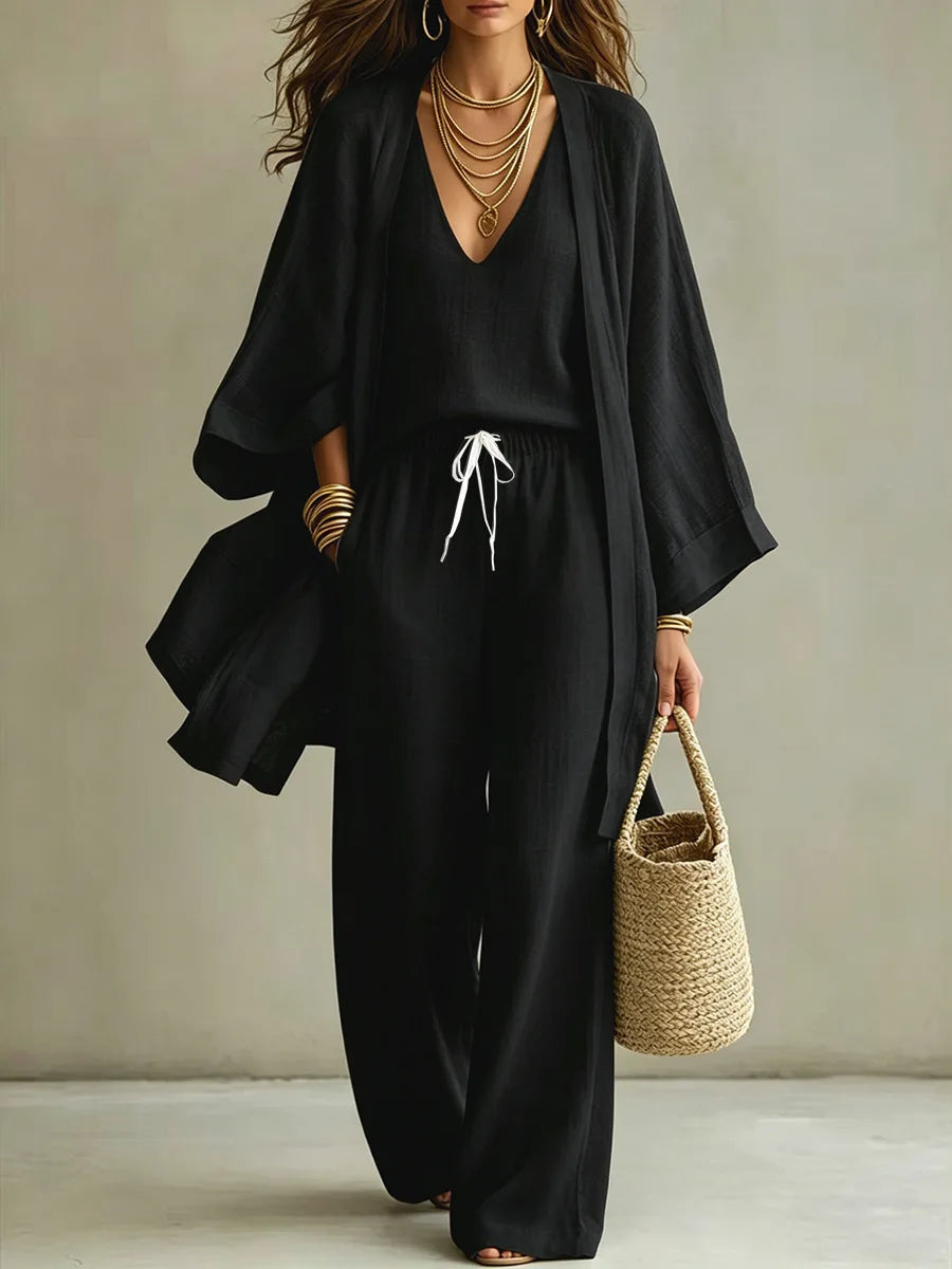 Conjunto de Tres Piezas para Mujer, Verano 2026, Color Puro, Casual, Algodón y Lino, Cárdigan Abierto de Manga Tres Cuartos, Chaleco sin Mangas y Pantalones Largos