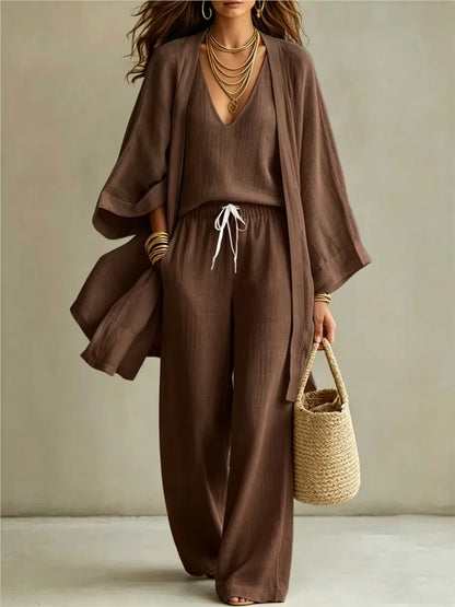 Conjunto de Tres Piezas para Mujer, Verano 2026, Color Puro, Casual, Algodón y Lino, Cárdigan Abierto de Manga Tres Cuartos, Chaleco sin Mangas y Pantalones Largos