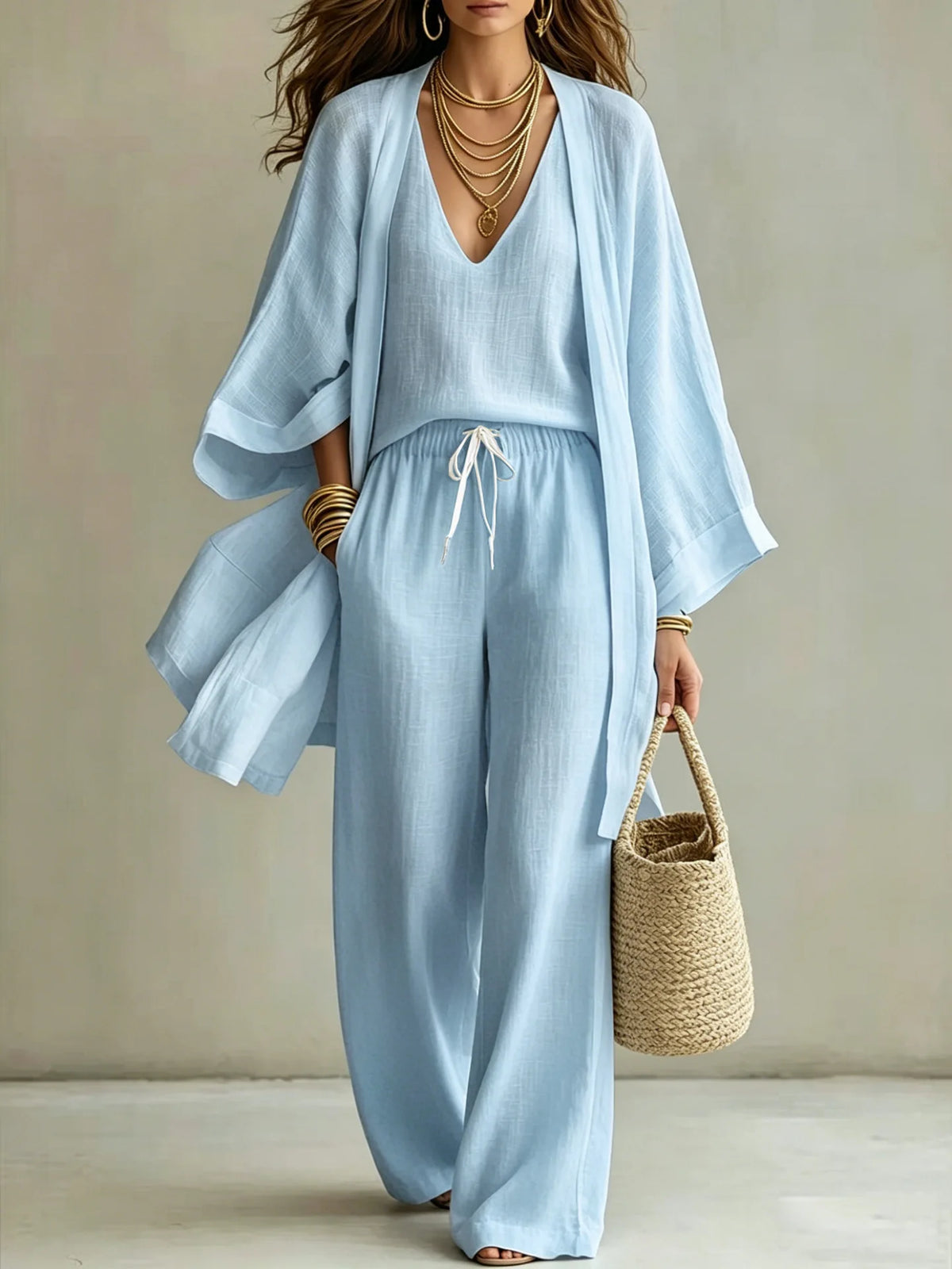 Conjunto de Tres Piezas para Mujer, Verano 2026, Color Puro, Casual, Algodón y Lino, Cárdigan Abierto de Manga Tres Cuartos, Chaleco sin Mangas y Pantalones Largos