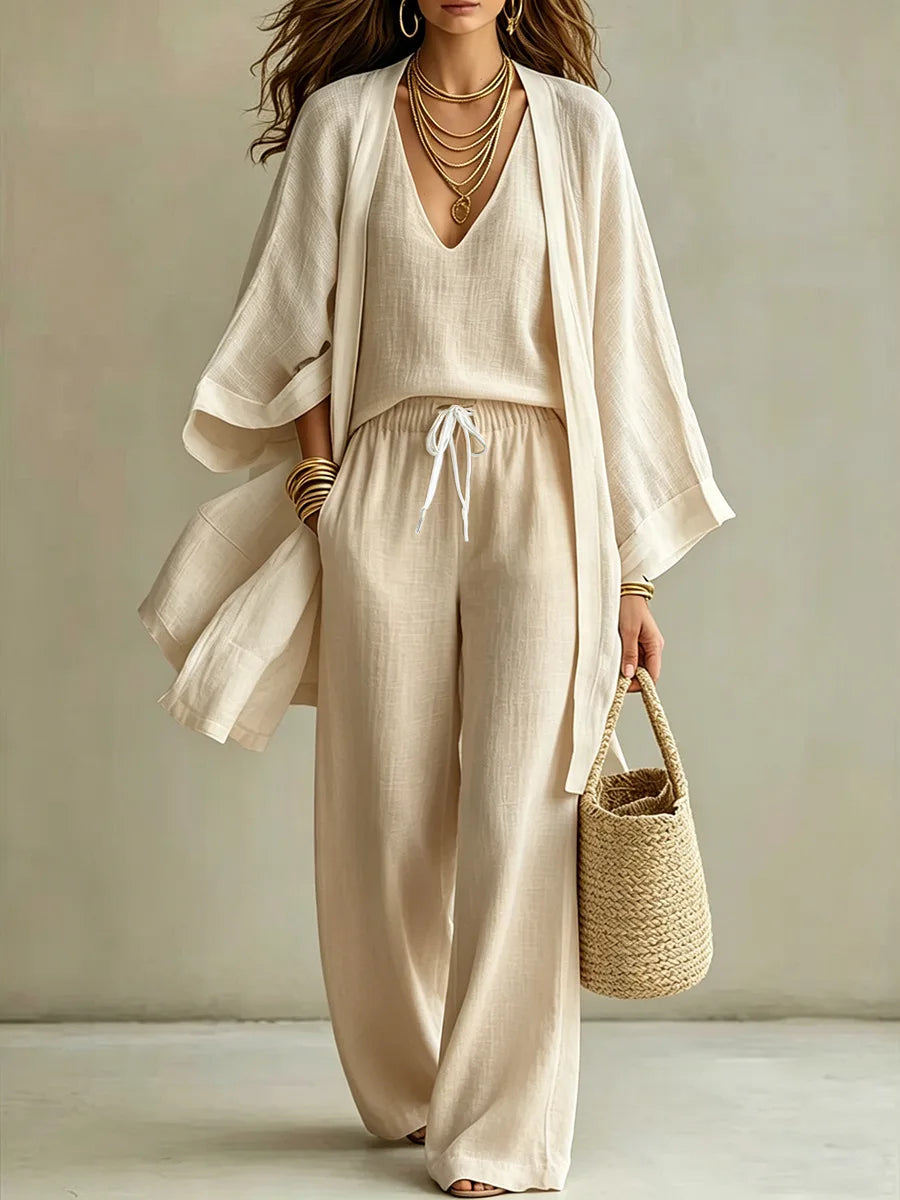 Conjunto de Tres Piezas para Mujer, Verano 2026, Color Puro, Casual, Algodón y Lino, Cárdigan Abierto de Manga Tres Cuartos, Chaleco sin Mangas y Pantalones Largos