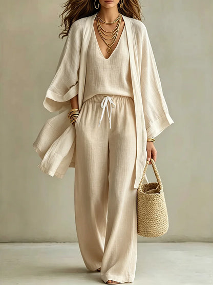 Conjunto de Tres Piezas para Mujer, Verano 2026, Color Puro, Casual, Algodón y Lino, Cárdigan Abierto de Manga Tres Cuartos, Chaleco sin Mangas y Pantalones Largos