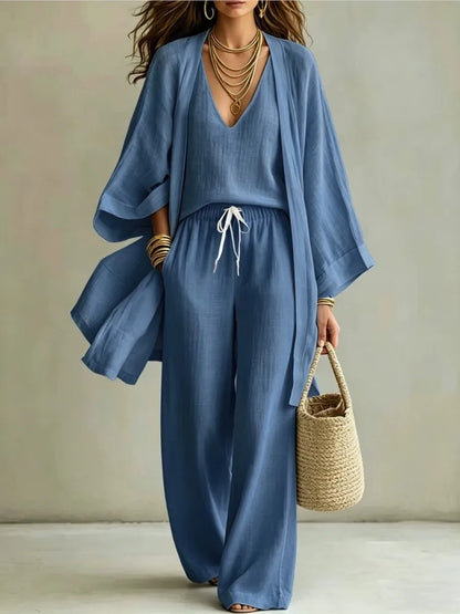 Conjunto de Tres Piezas para Mujer, Verano 2026, Color Puro, Casual, Algodón y Lino, Cárdigan Abierto de Manga Tres Cuartos, Chaleco sin Mangas y Pantalones Largos
