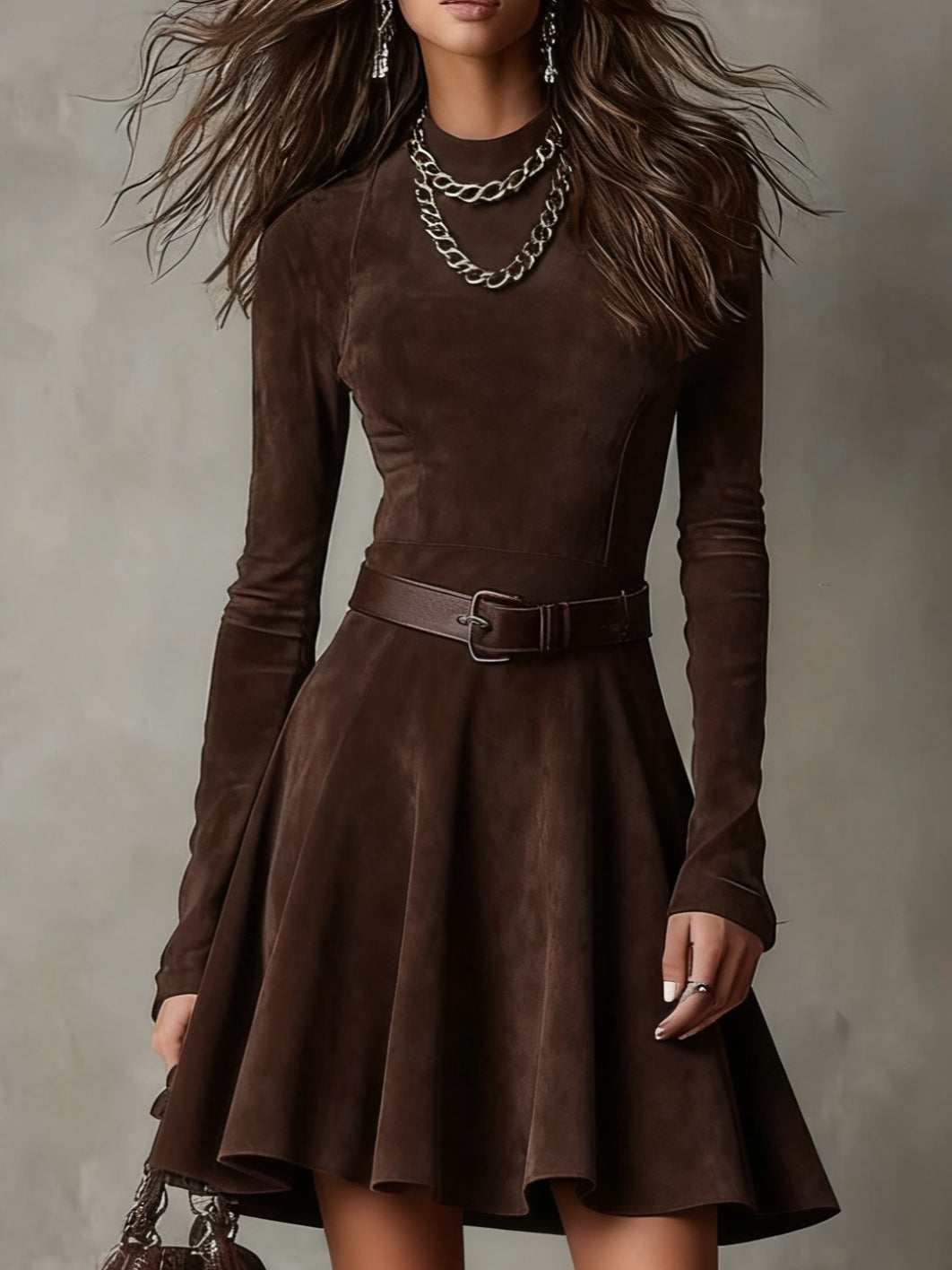 Noémie™ | Vestido mini vintage de gamuza en marrón oscuro