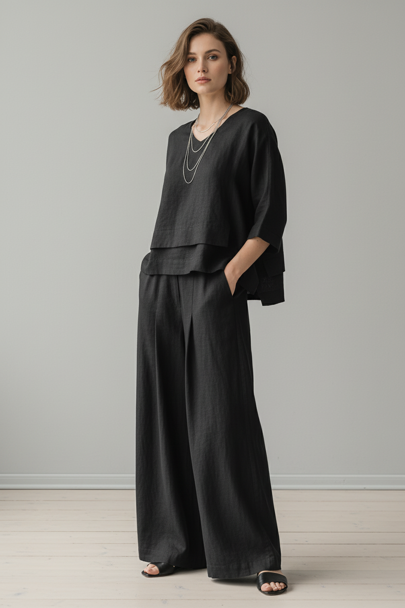 Conjunto Abril de Dos Piezas en Algodón y Lino — Top con Escote en V y Bajo Irregular · Pantalón Ancho Transpirable Verano
