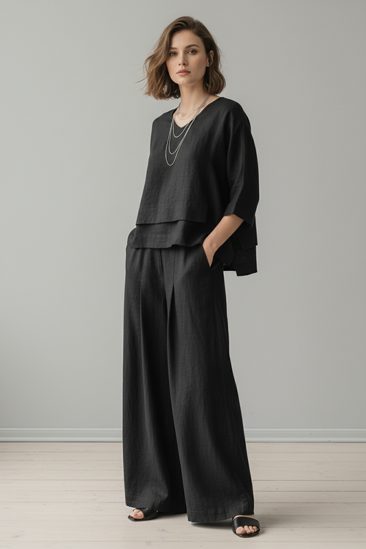 Conjunto Abril de Dos Piezas en Algodón y Lino — Top con Escote en V y Bajo Irregular · Pantalón Ancho Transpirable Verano