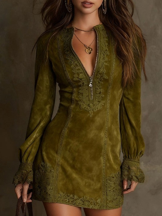 Zulema ❘ Túnica Azul con Bordado y Cremallera