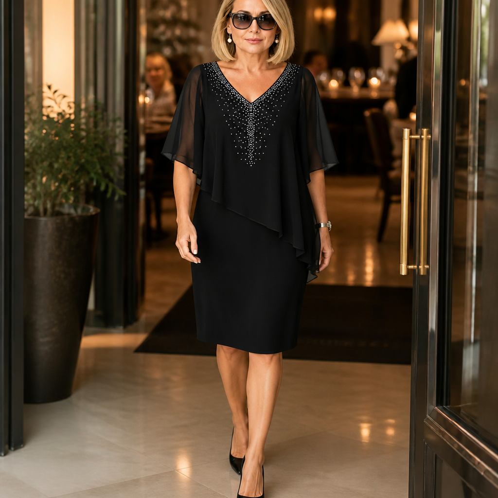 AV | Vestido de Fiesta con Capa, Escote en V y Pedrería