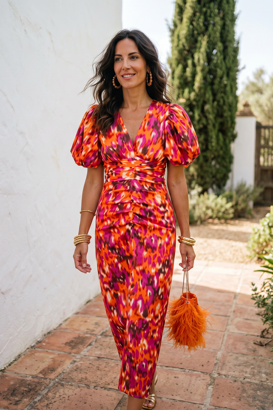 Carla | Vestido Midi Estampado con Mangas Abullonadas
