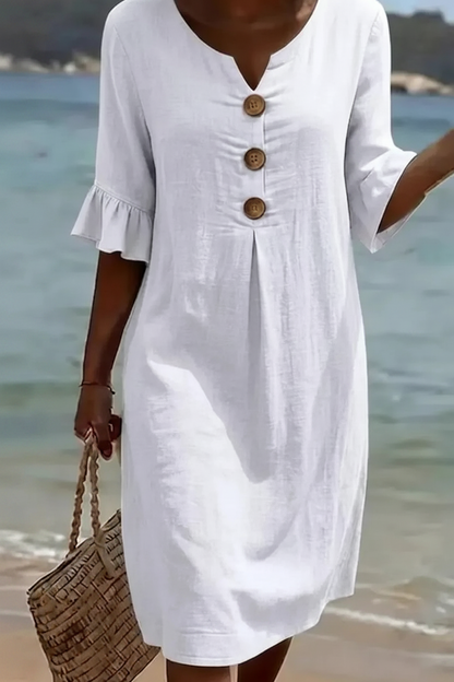 Vanesa™ | Vestido con textura de lino con manga abullonada y botones