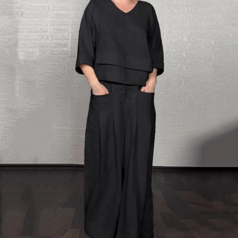 Conjunto Abril de Dos Piezas en Algodón y Lino — Top con Escote en V y Bajo Irregular · Pantalón Ancho Transpirable Verano