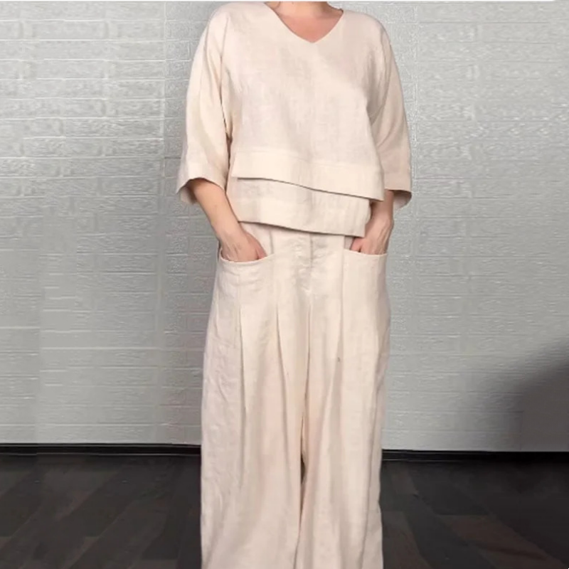 Conjunto Abril de Dos Piezas en Algodón y Lino — Top con Escote en V y Bajo Irregular · Pantalón Ancho Transpirable Verano