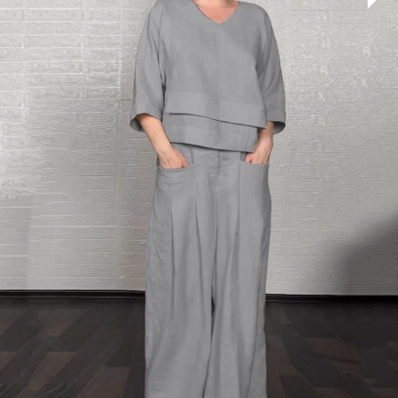 Conjunto Abril de Dos Piezas en Algodón y Lino — Top con Escote en V y Bajo Irregular · Pantalón Ancho Transpirable Verano