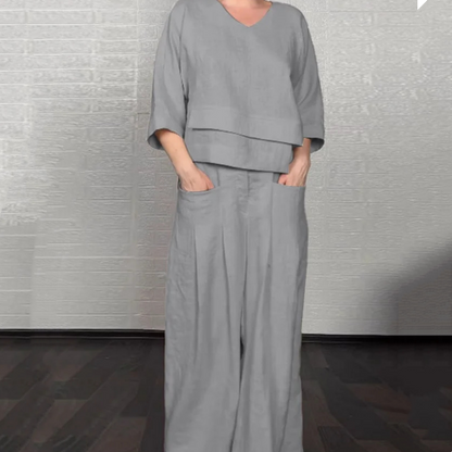 Conjunto Abril de Dos Piezas en Algodón y Lino — Top con Escote en V y Bajo Irregular · Pantalón Ancho Transpirable Verano