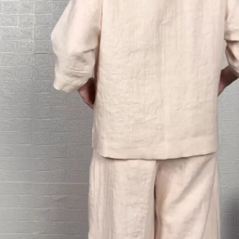 Conjunto Abril de Dos Piezas en Algodón y Lino — Top con Escote en V y Bajo Irregular · Pantalón Ancho Transpirable Verano