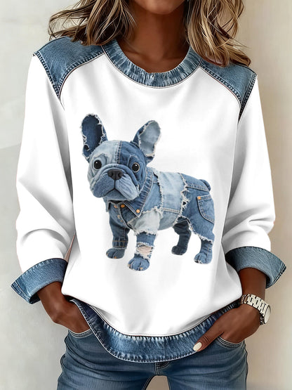 Ainara -Sudadera de mujer con patchwork de denim al estilo bulldog francés