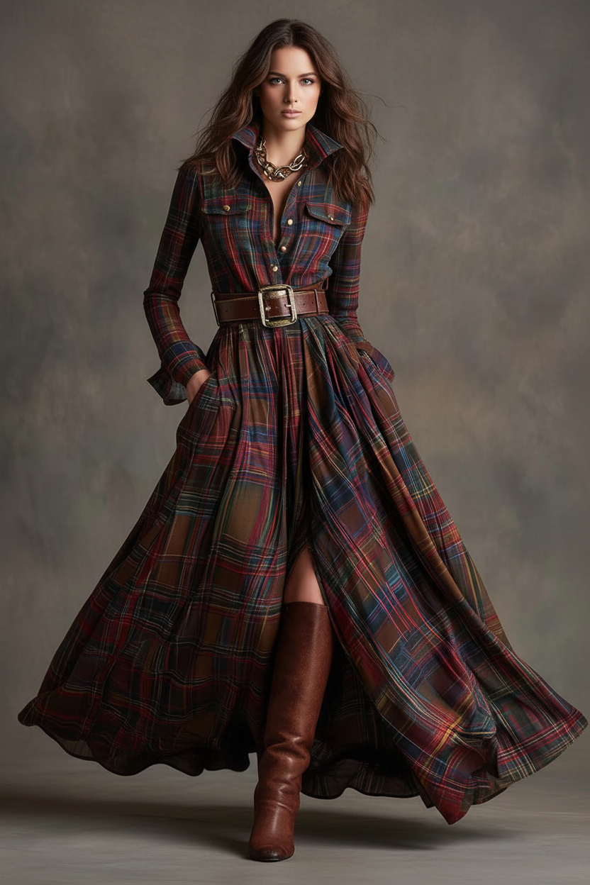 Beatriz · Vestido Largo de Cuadros con Cinturón