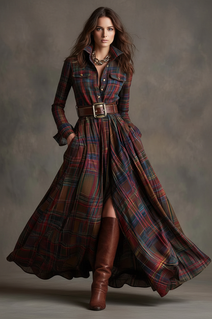 Beatriz · Vestido Largo de Cuadros con Cinturón