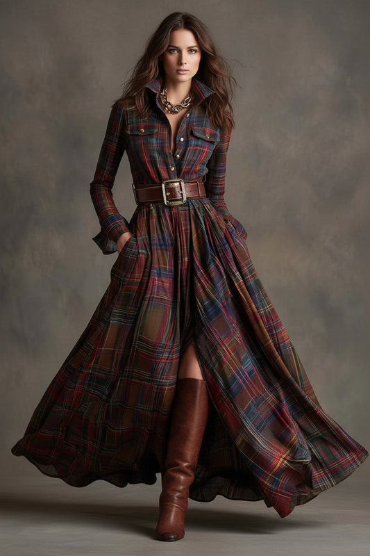 Beatriz · Vestido Largo de Cuadros con Cinturón