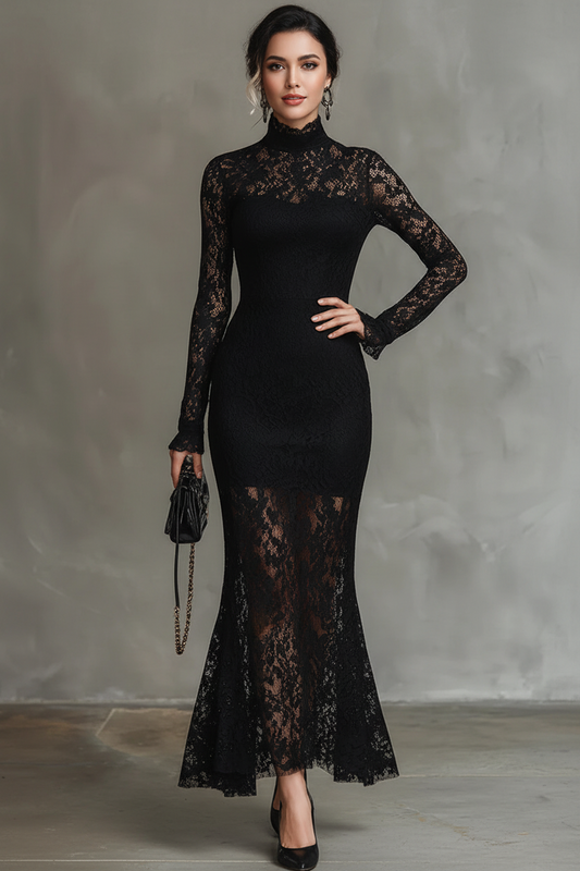 Elwira | Elegante Vestido Maxi Negro con Encaje