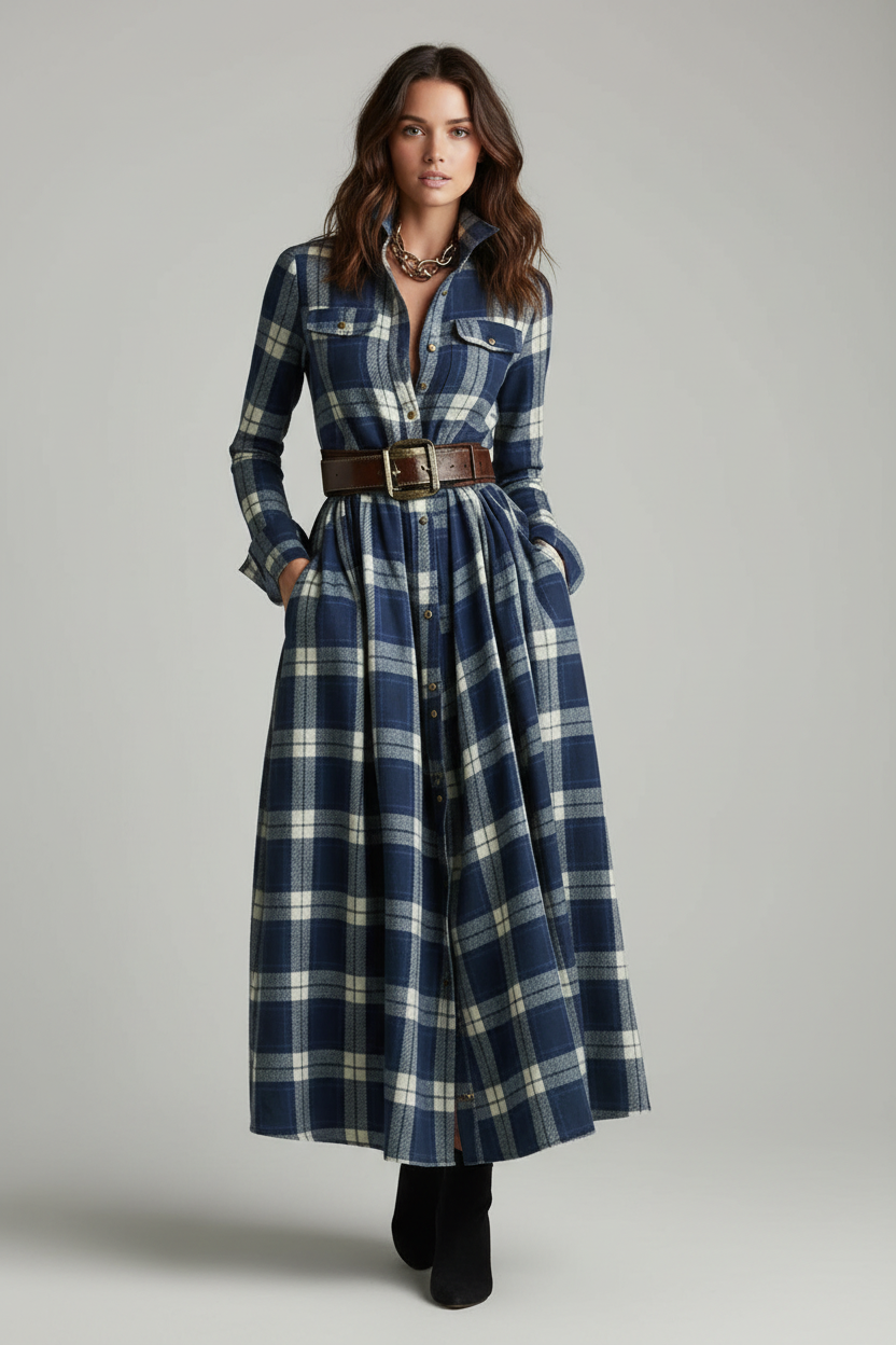 Fiona ❘ Vestido Largo de Cuadros con Cinturón