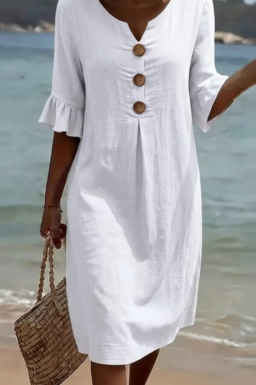 Vanesa™ | Vestido con textura de lino con manga abullonada y botones
