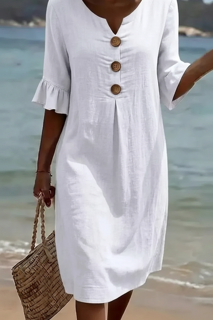 Vanesa™ | Vestido con textura de lino con manga abullonada y botones